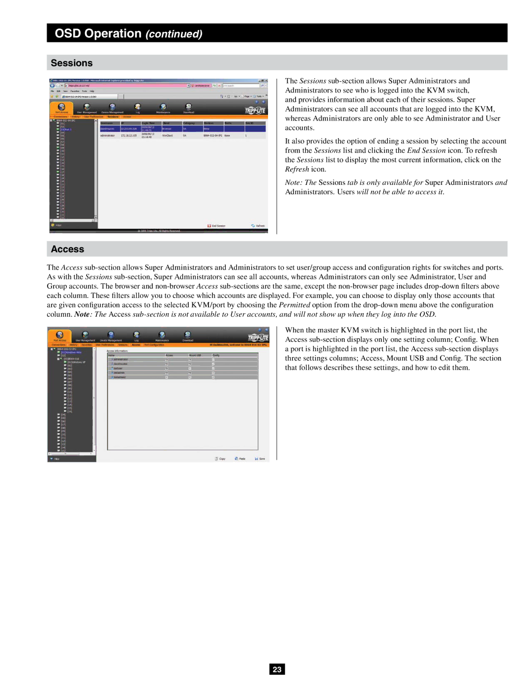 Tripp Lite B064-016-02-IPG, B064-032-04-IPG, B064-032-02-IPG, B064-016-04-IPG owner manual Sessions, Access 