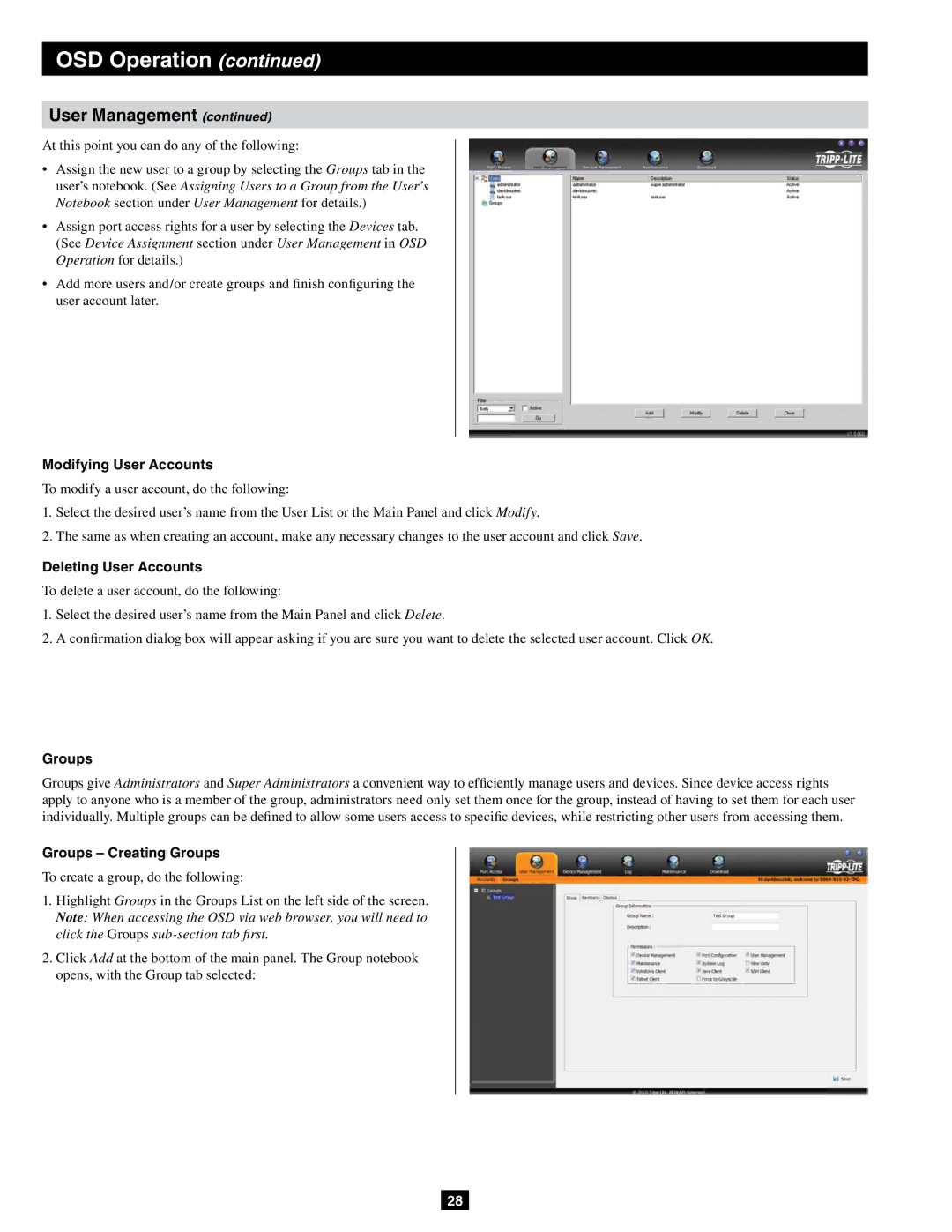 Tripp Lite B064-032-04-IPG, B064-032-02-IPG Modifying User Accounts, Deleting User Accounts, Groups Creating Groups 