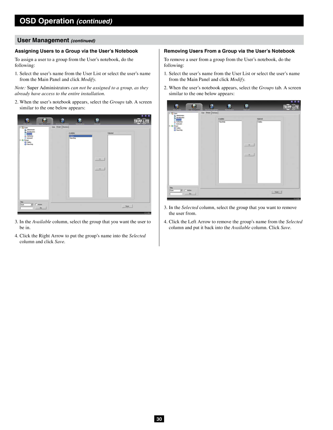 Tripp Lite B064-016-04-IPG, B064-032-04-IPG, B064-032-02-IPG owner manual Assigning Users to a Group via the User’s Notebook 