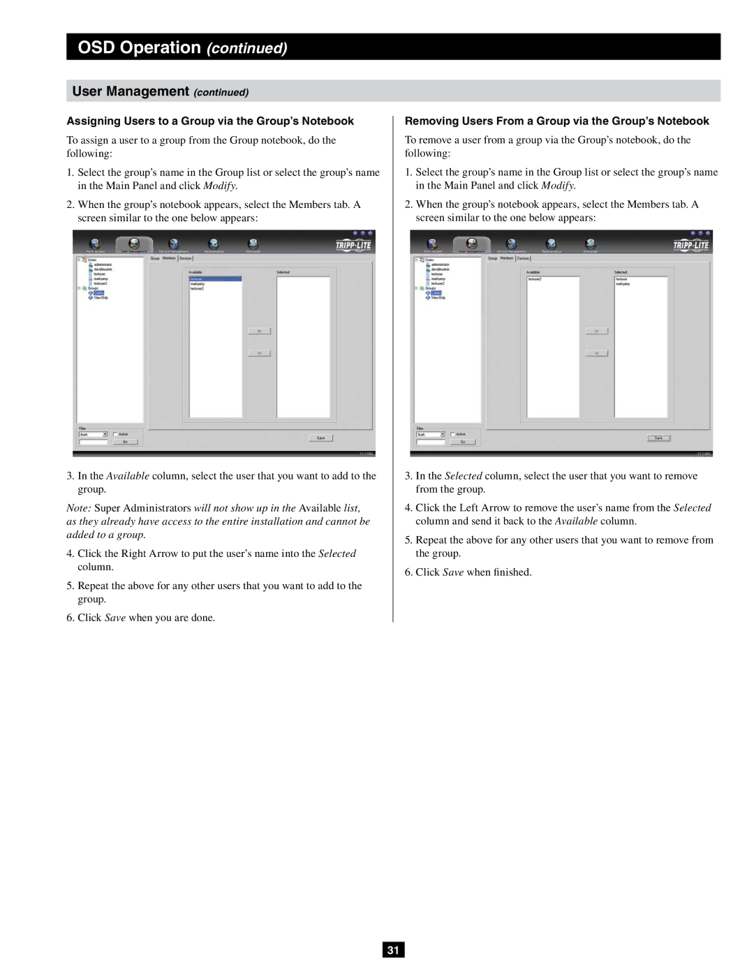 Tripp Lite B064-016-02-IPG, B064-032-04-IPG, B064-032-02-IPG owner manual Assigning Users to a Group via the Group’s Notebook 