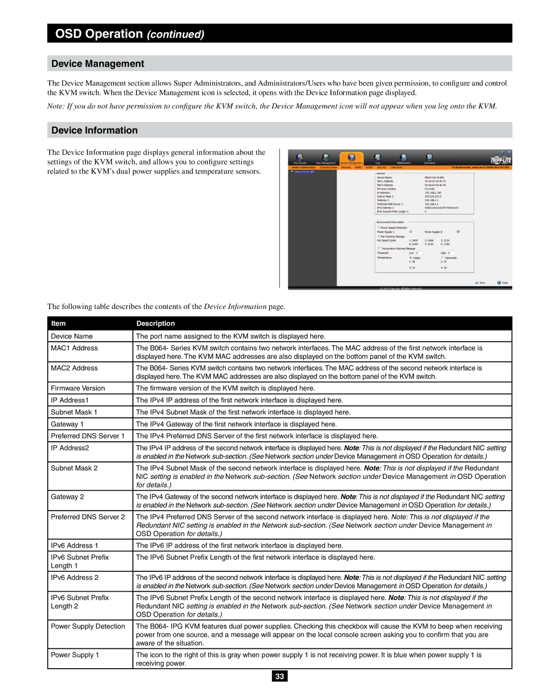 Tripp Lite B064-032-02-IPG Device Management, Device Information, OSD Operation for details, Power Supply Detection 