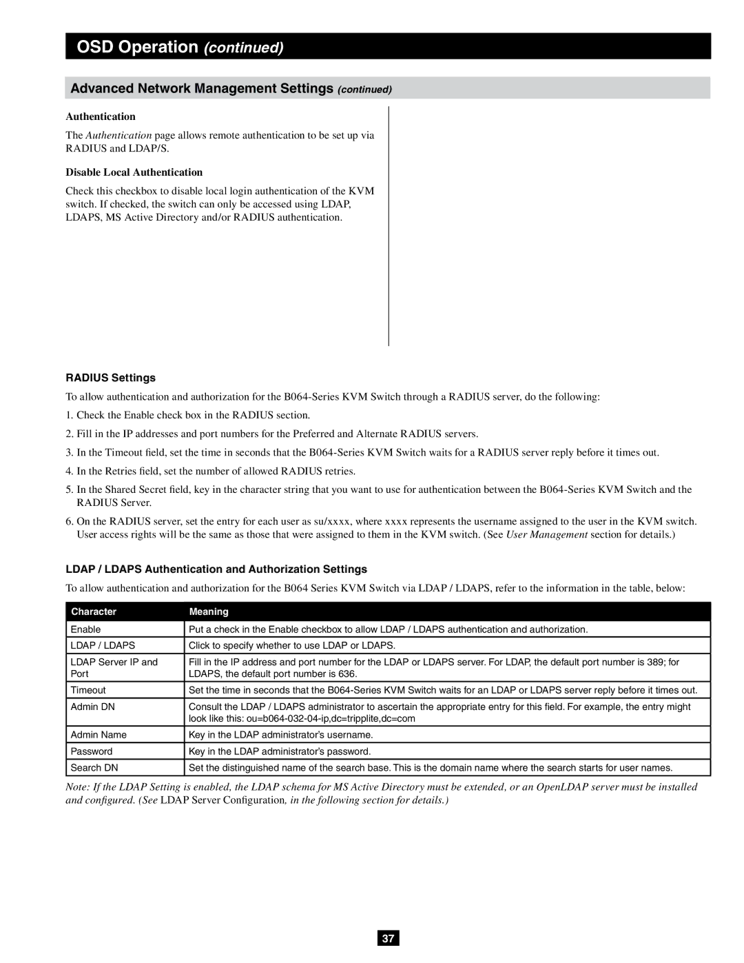 Tripp Lite B064-032-02-IPG, B064-032-04-IPG Disable Local Authentication, Radius Settings, Character Meaning 