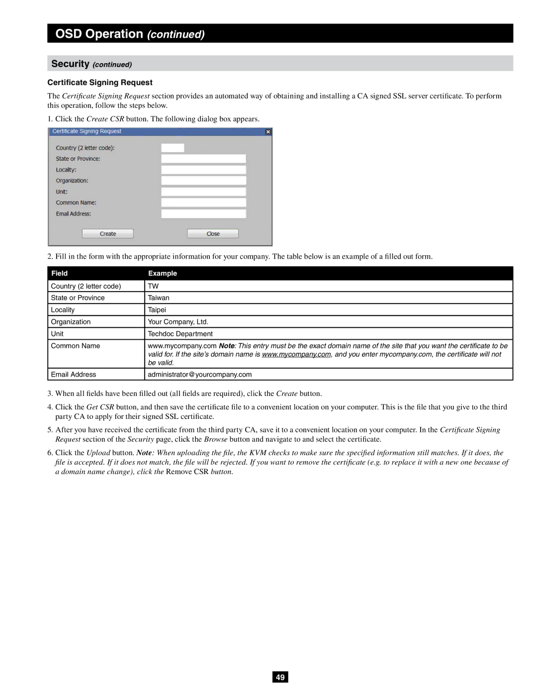 Tripp Lite B064-032-02-IPG Certificate Signing Request, Field Example, Email Address Administrator@yourcompany.com 