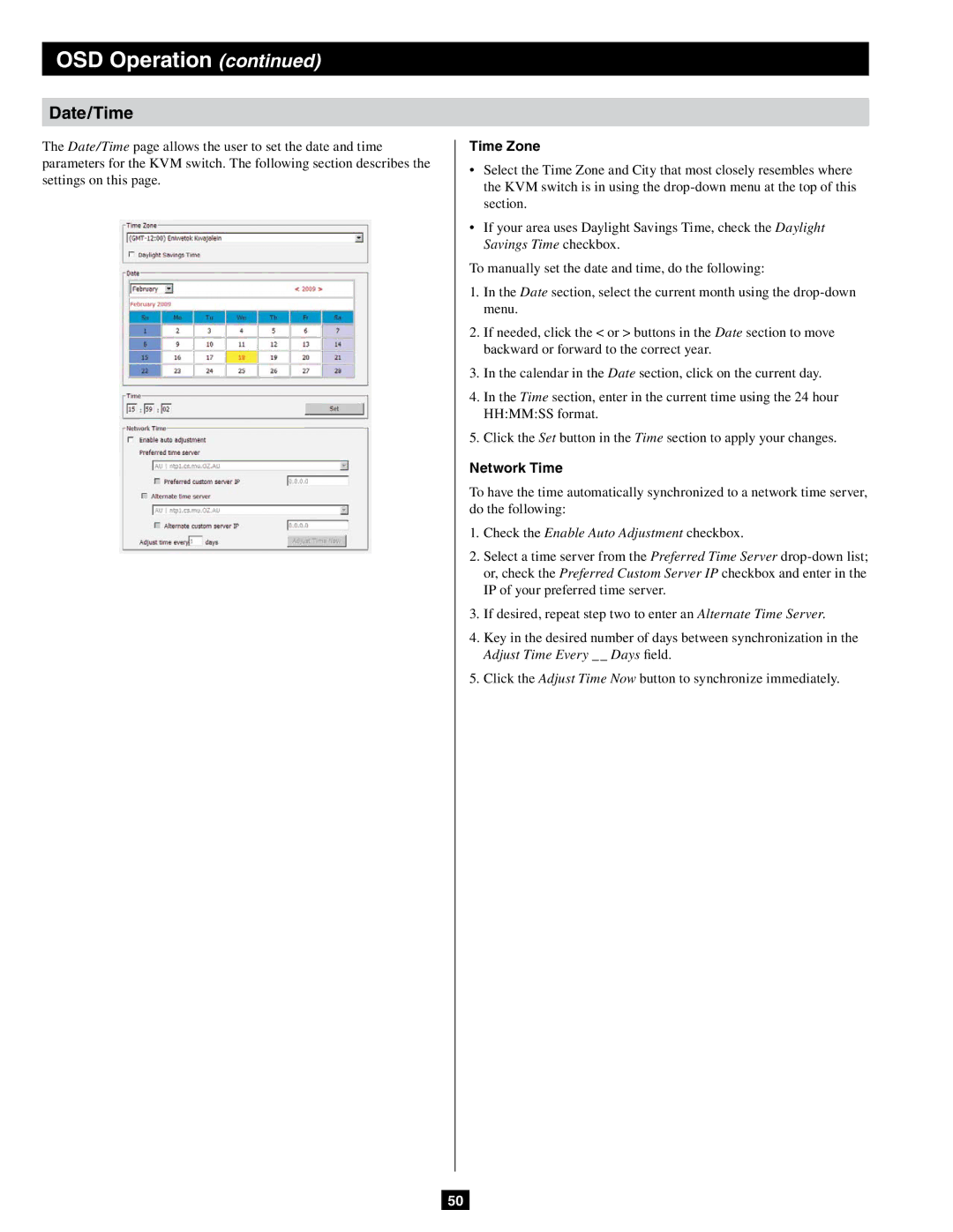 Tripp Lite B064-016-04-IPG, B064-032-04-IPG, B064-032-02-IPG, B064-016-02-IPG owner manual Date/Time, Time Zone, Network Time 