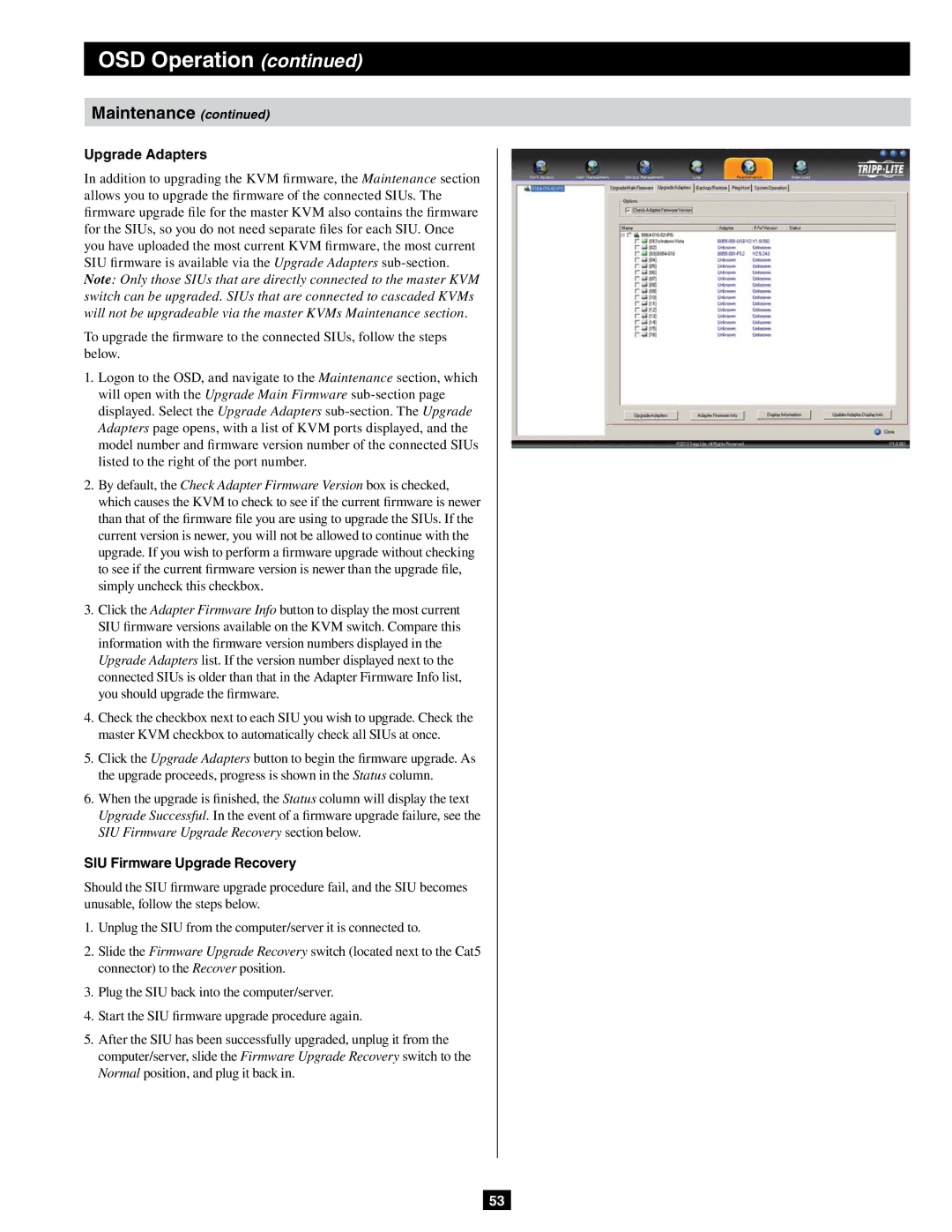 Tripp Lite B064-032-02-IPG, B064-032-04-IPG, B064-016-04-IPG owner manual Upgrade Adapters, SIU Firmware Upgrade Recovery 