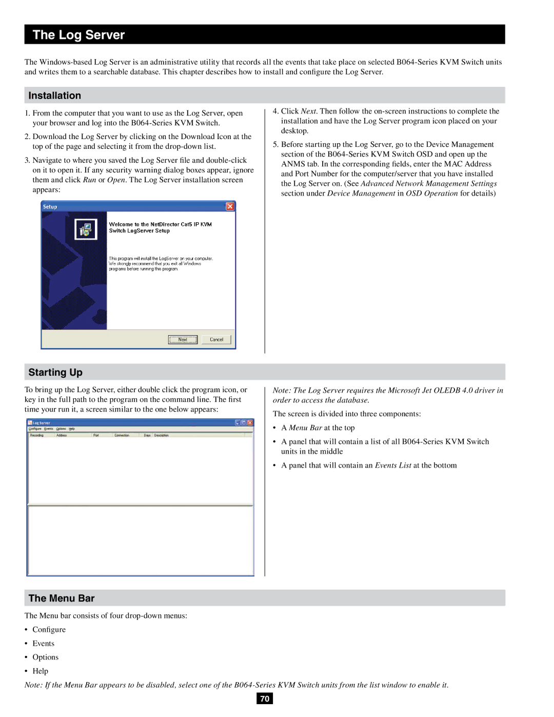 Tripp Lite B064-016-04-IPG, B064-032-04-IPG, B064-032-02-IPG owner manual Log Server, Installation, Starting Up, Menu Bar 