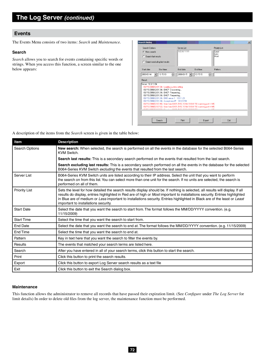 Tripp Lite B064-032-04-IPG, B064-032-02-IPG, B064-016-04-IPG, B064-016-02-IPG owner manual Events, Search, Maintenance 