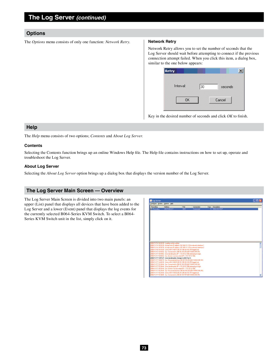 Tripp Lite B064-032-02-IPG Options, Help, Log Server Main Screen Overview, Contents Network Retry, About Log Server 