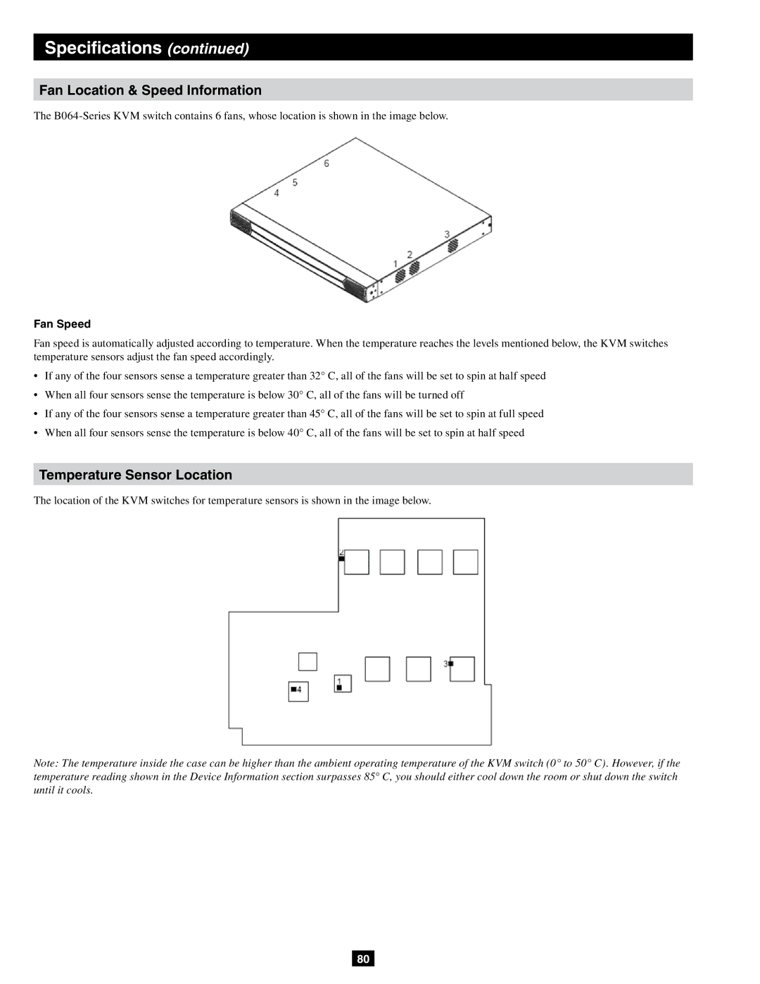 Tripp Lite B064-032-04-IPG, B064-032-02-IPG Fan Location & Speed Information, Temperature Sensor Location, Fan Speed 