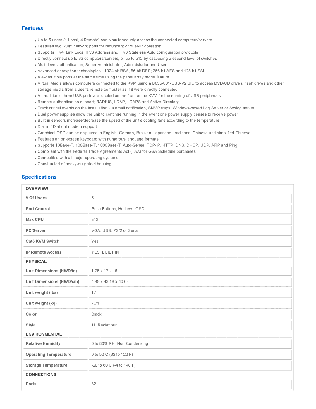 Tripp Lite B064-032-04-IPG owner manual Features, Specifications 