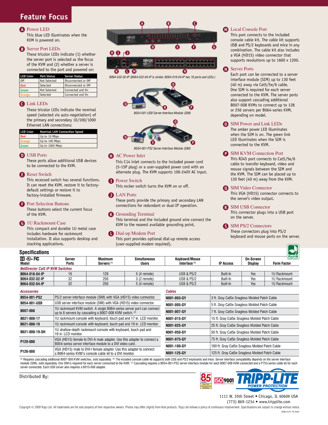 Tripp Lite B064-series, 95-3056 Power LED, Server Port LEDs, Local Console Port, Server Ports, SIM Power and Link LEDs 