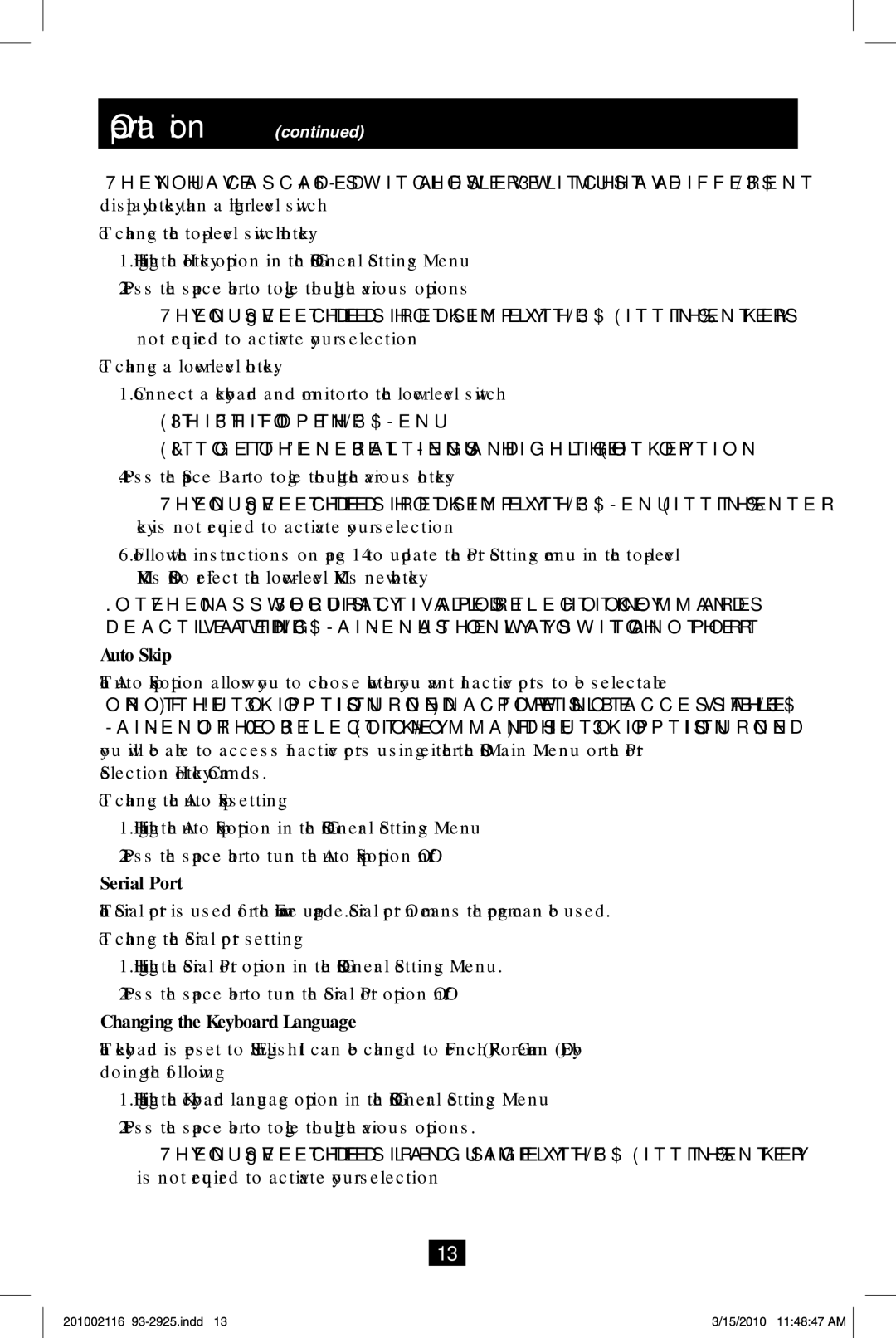 Tripp Lite B070-016-19, B070-008-19 owner manual Auto Skip, Serial Port, Changing the Keyboard Language 