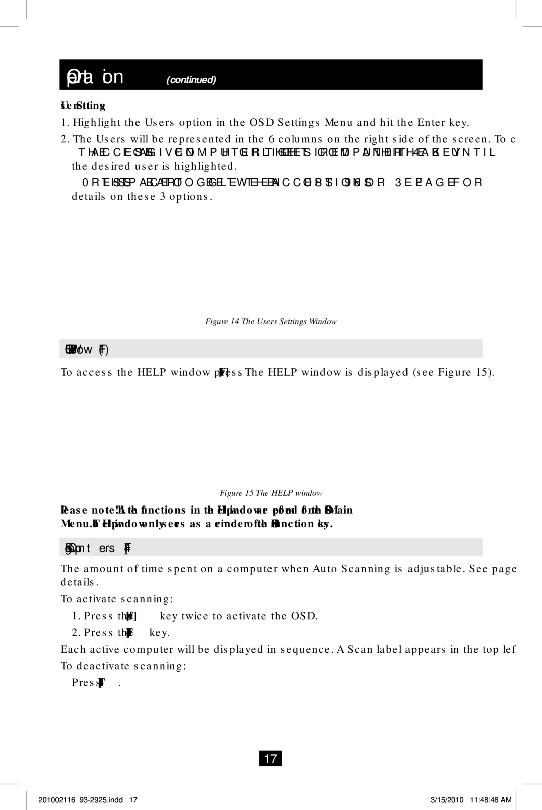 Tripp Lite B070-016-19, B070-008-19 owner manual OSD Help Window F1, Scanning Computers F4, User Settings 