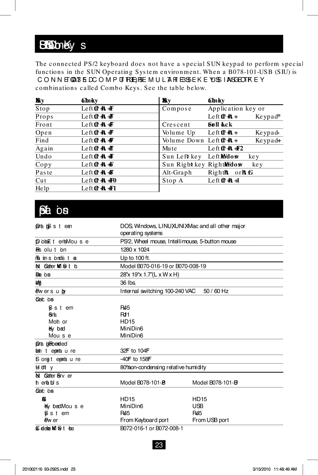 Tripp Lite B070-016-19, B070-008-19 owner manual USB/SUN Combo Keys, Specifications 