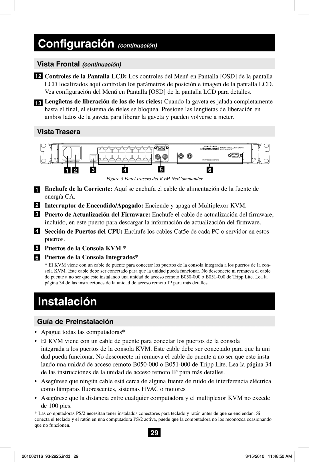 Tripp Lite B070-016-19, B070-008-19 Configuración continuación, Instalación, Vista Frontal continuación, Vista Trasera 