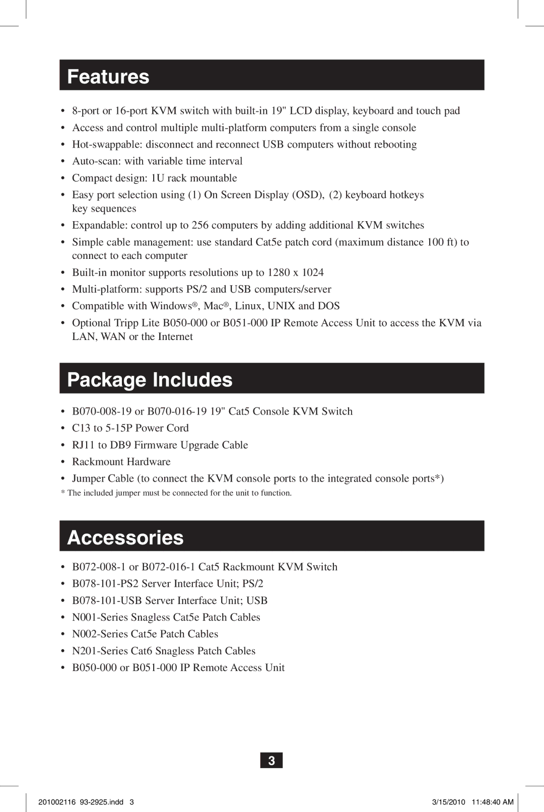 Tripp Lite B070-016-19, B070-008-19 owner manual Features, Package Includes, Accessories 