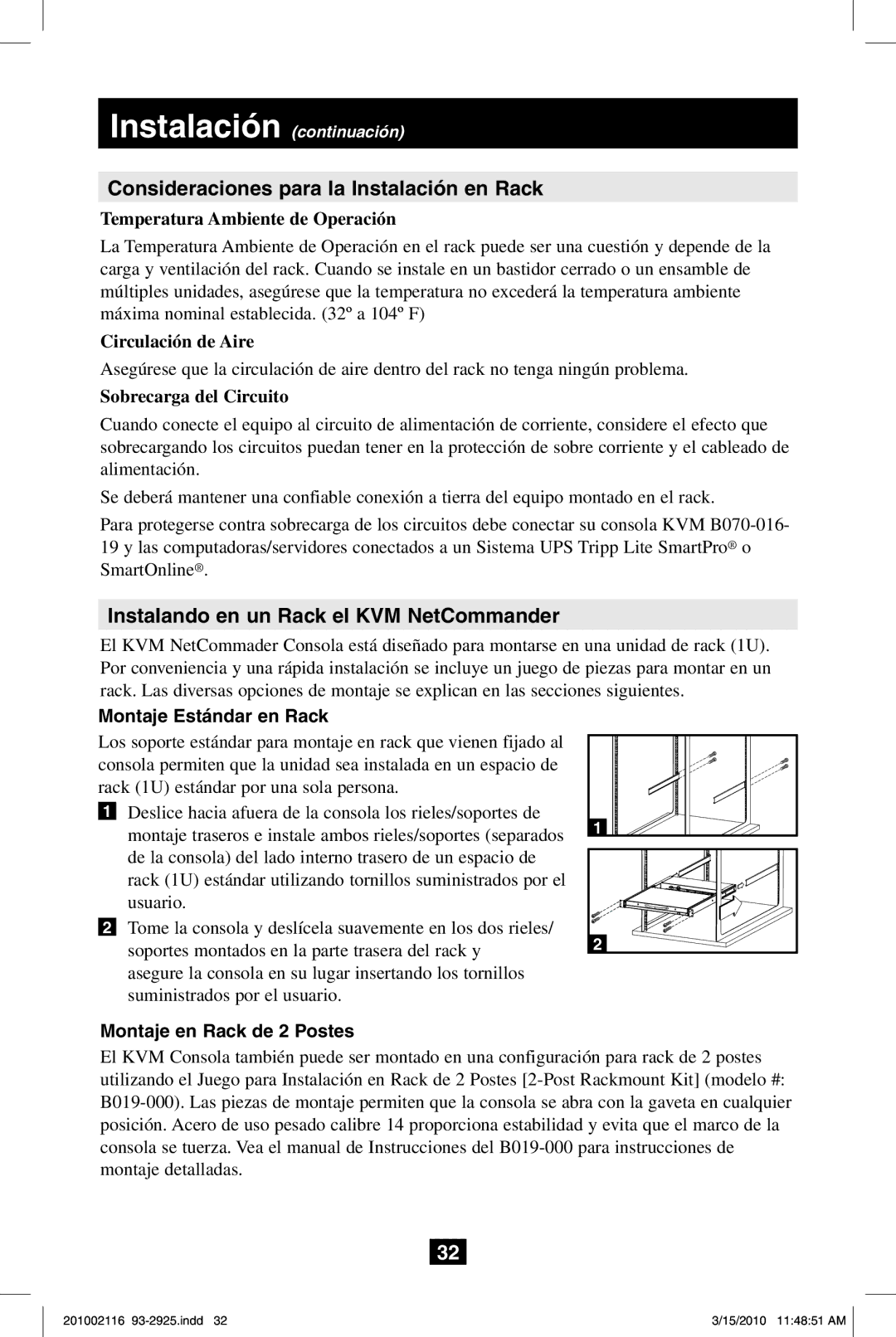 Tripp Lite B070-008-19, B070-016-19 Consideraciones para la Instalación en Rack, Instalando en un Rack el KVM NetCommander 