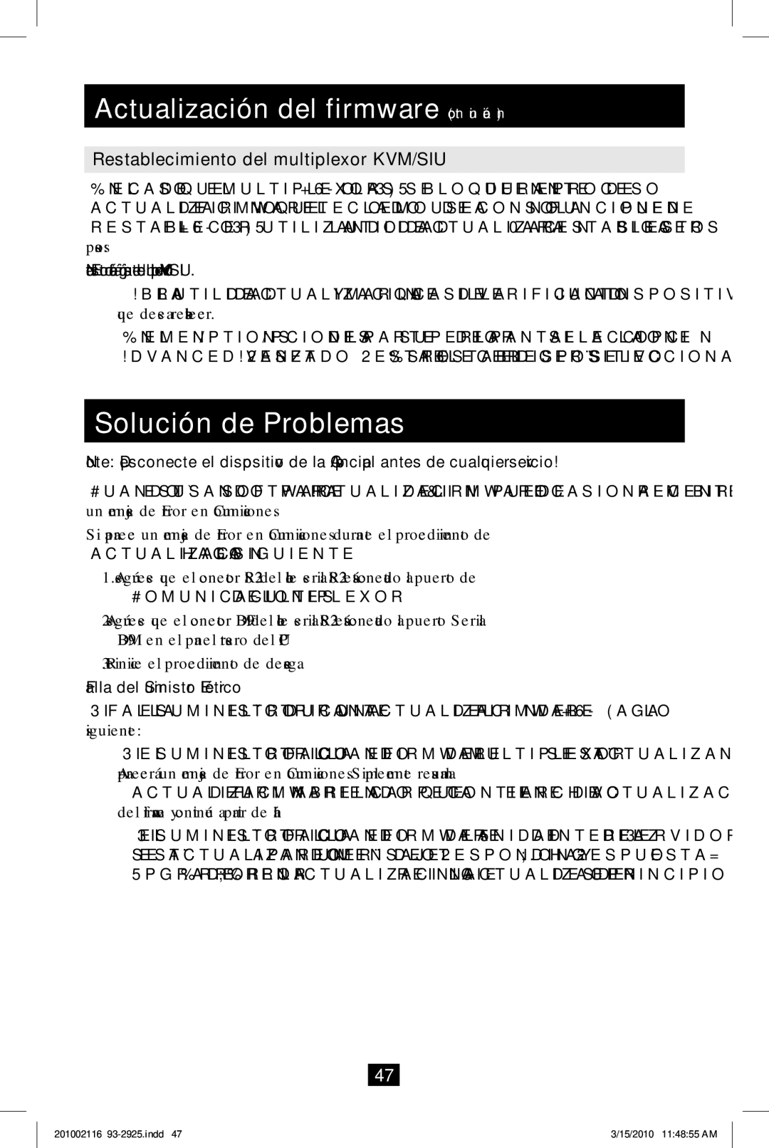 Tripp Lite B070-016-19 Solución de Problemas, Restablecimiento del multiplexor KVM/SIU, Falla del Suministro Eléctrico 