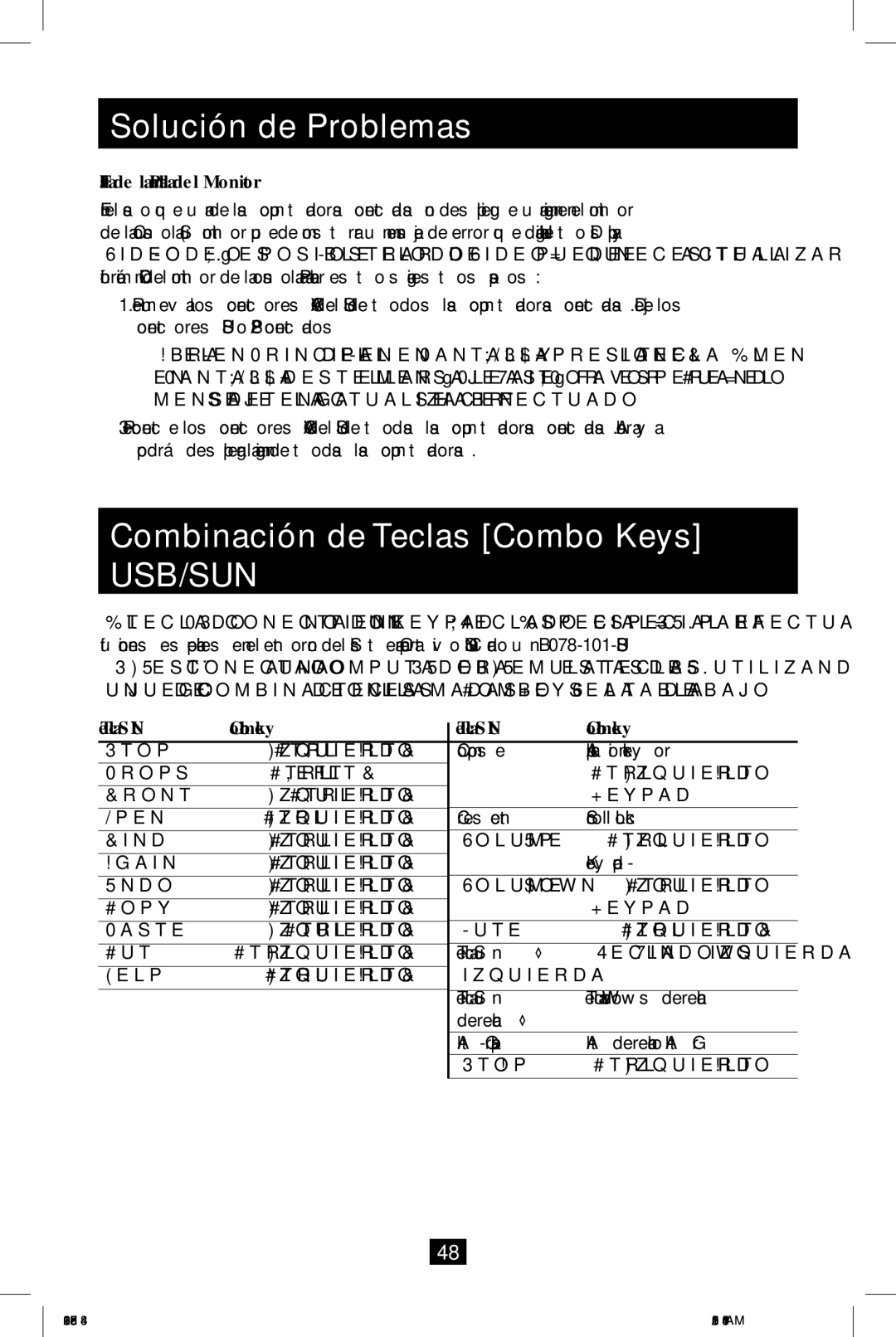 Tripp Lite B070-008-19 owner manual Combinación de Teclas Combo Keys, Falla de la Pantalla del Monitor, Tecla SUN Combo key 