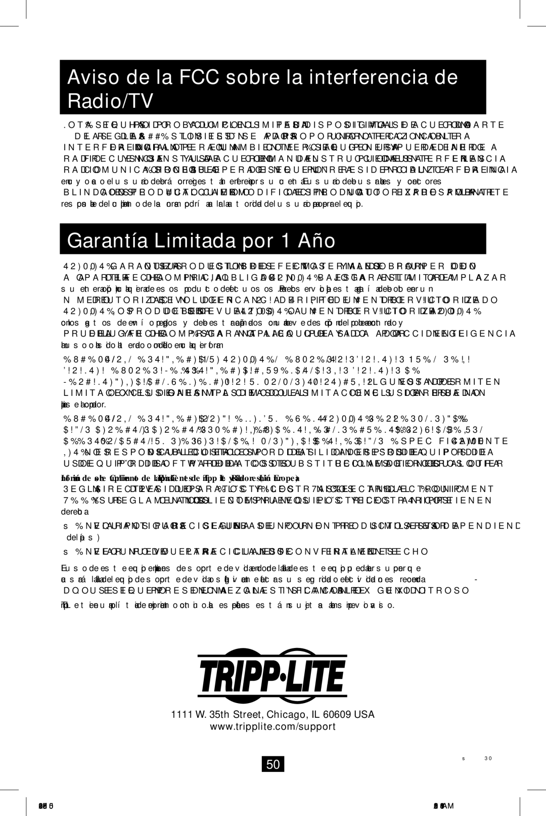 Tripp Lite B070-008-19, B070-016-19 Aviso de la FCC sobre la interferencia de Radio/TV, Garantía Limitada por 1 Año 