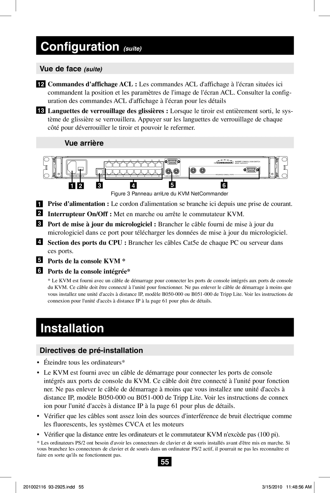 Tripp Lite B070-016-19, B070-008-19 Configuration suite, Vue de face suite, Vue arrière, Directives de pré-installation 