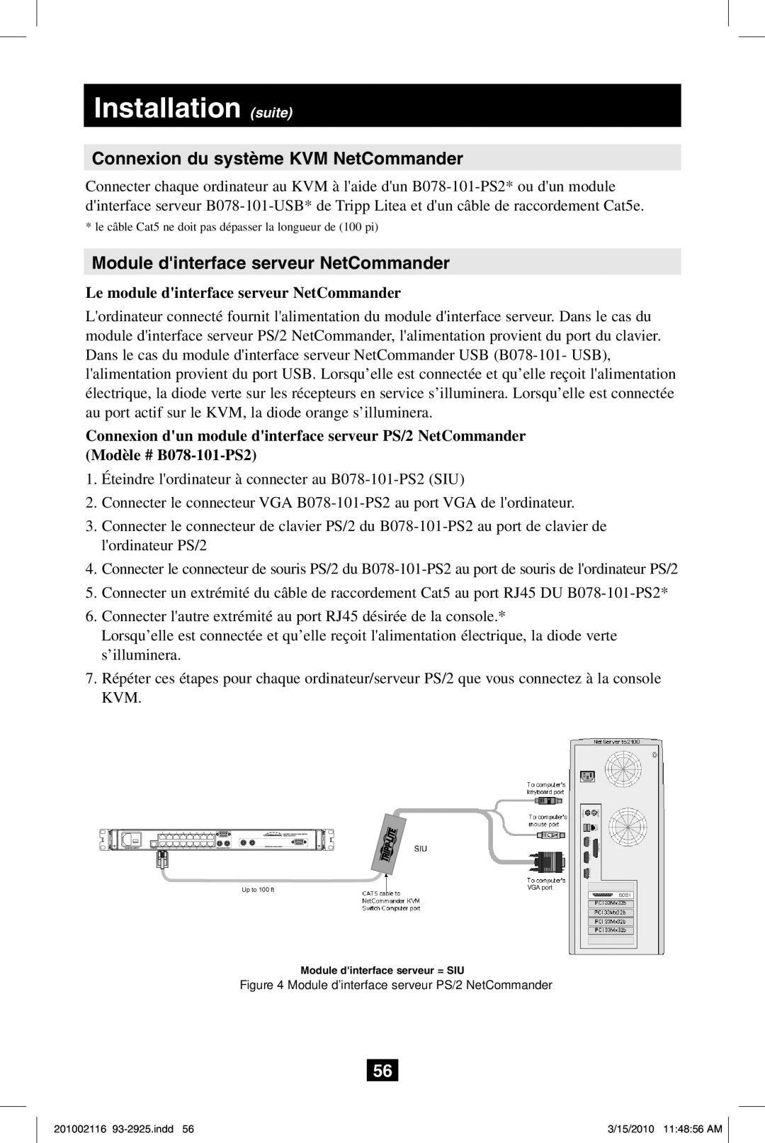 Tripp Lite B070-008-19 Installation suite, Connexion du système KVM NetCommander, Module dinterface serveur NetCommander 