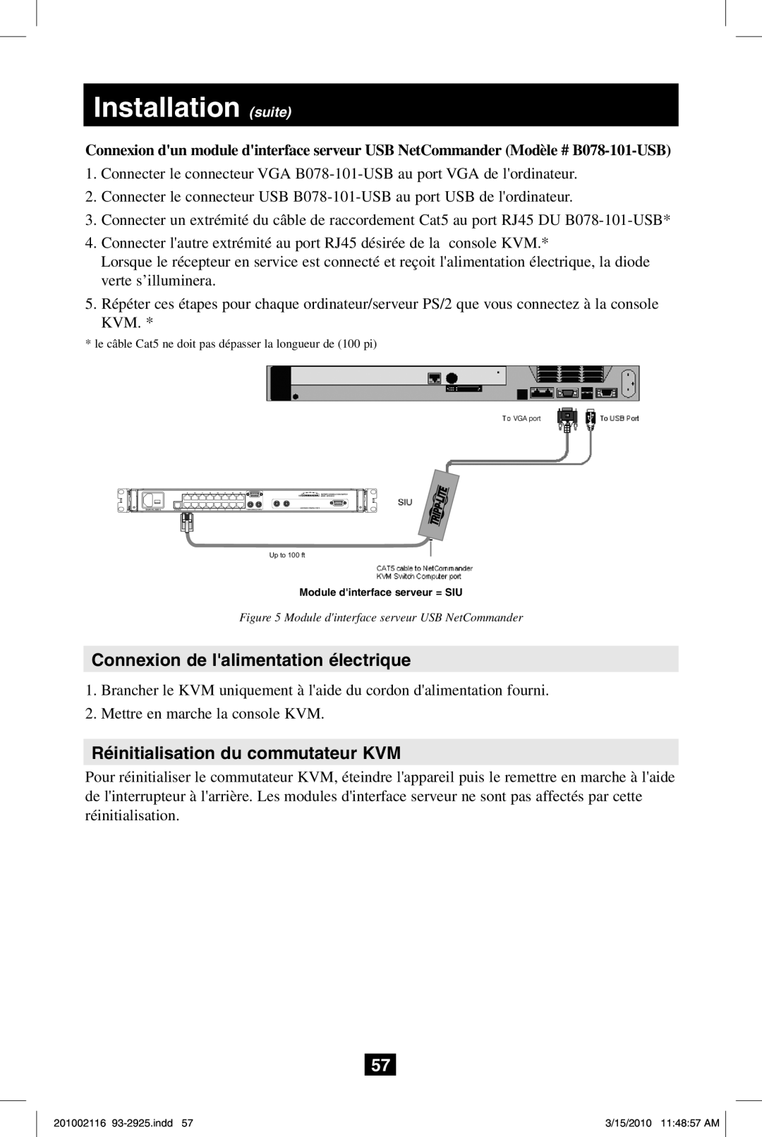 Tripp Lite B070-016-19, B070-008-19 owner manual Connexion de lalimentation électrique, Réinitialisation du commutateur KVM 