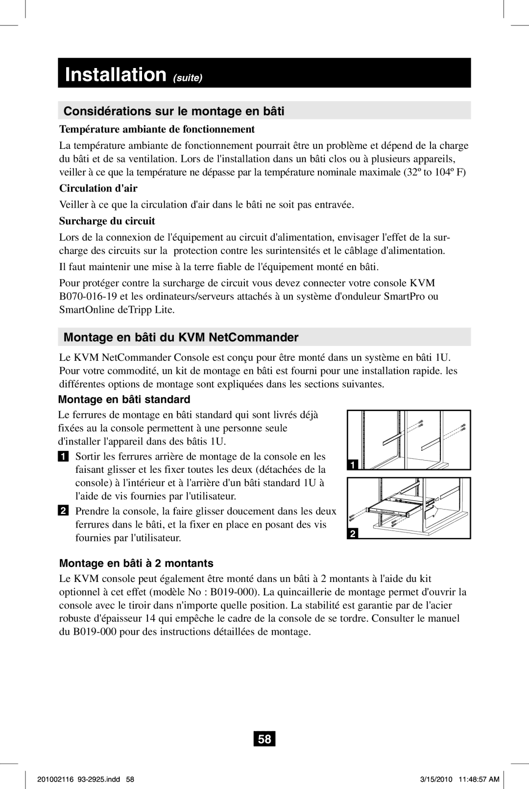 Tripp Lite B070-008-19 Considérations sur le montage en bâti, Montage en bâti du KVM NetCommander, Circulation dair 