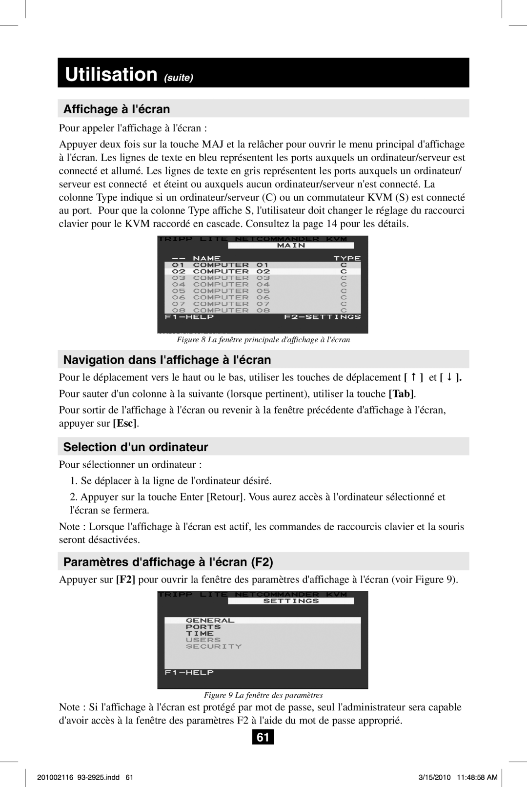 Tripp Lite B070-016-19, B070-008-19 owner manual Utilisation suite, Affichage à lécran, Navigation dans laffichage à lécran 