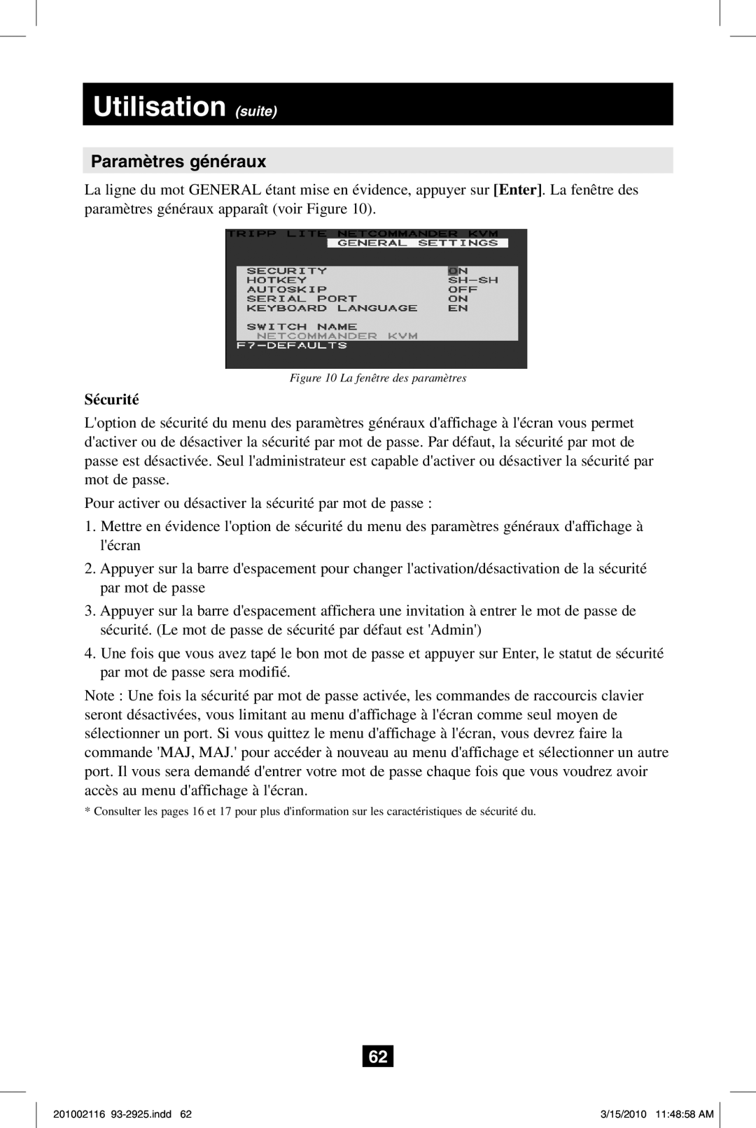 Tripp Lite B070-008-19, B070-016-19 owner manual Paramètres généraux, Sécurité 