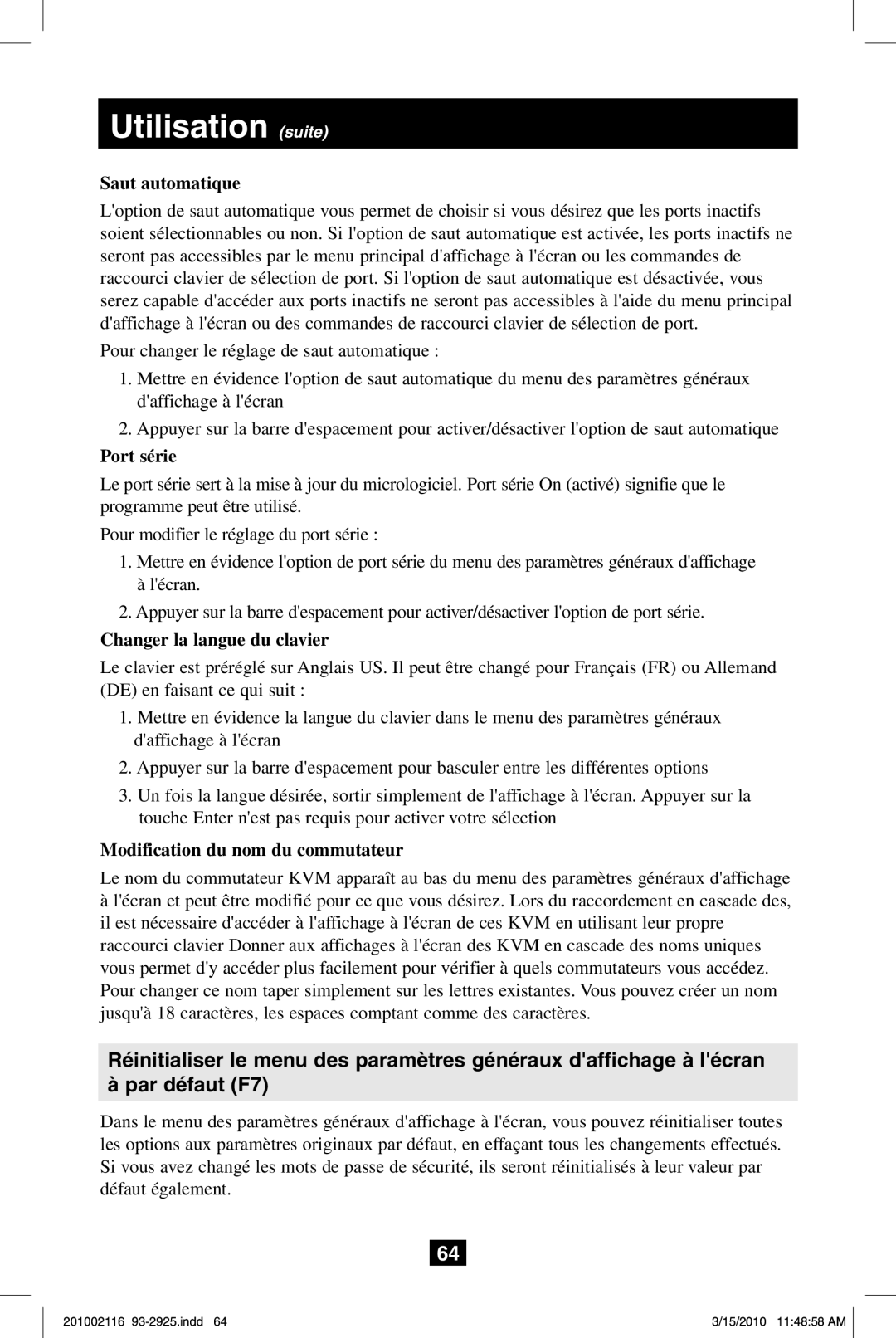 Tripp Lite B070-008-19 Saut automatique, Port série, Changer la langue du clavier, Modification du nom du commutateur 