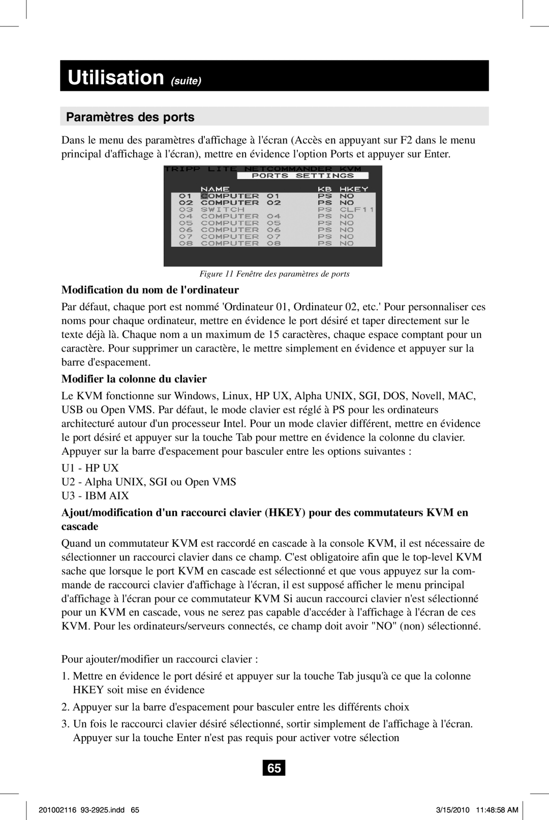 Tripp Lite B070-016-19 Paramètres des ports, Modification du nom de lordinateur, Modifier la colonne du clavier 