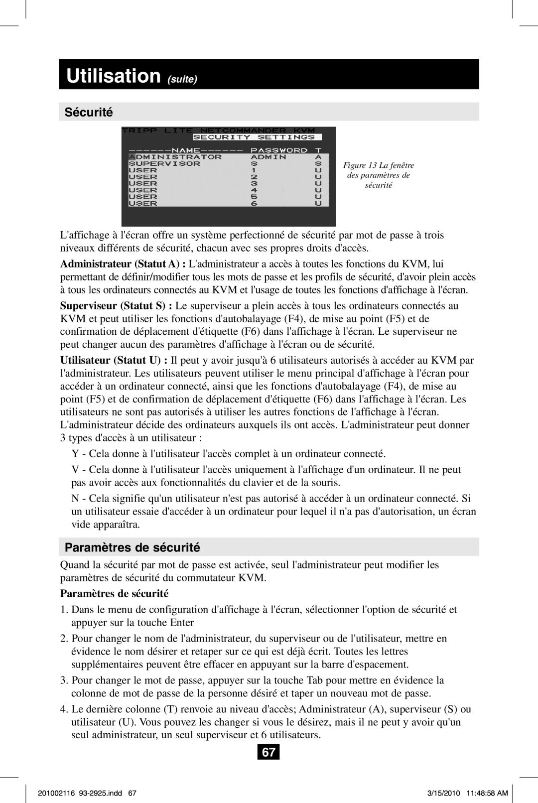 Tripp Lite B070-016-19, B070-008-19 owner manual Sécurité, Paramètres de sécurité 