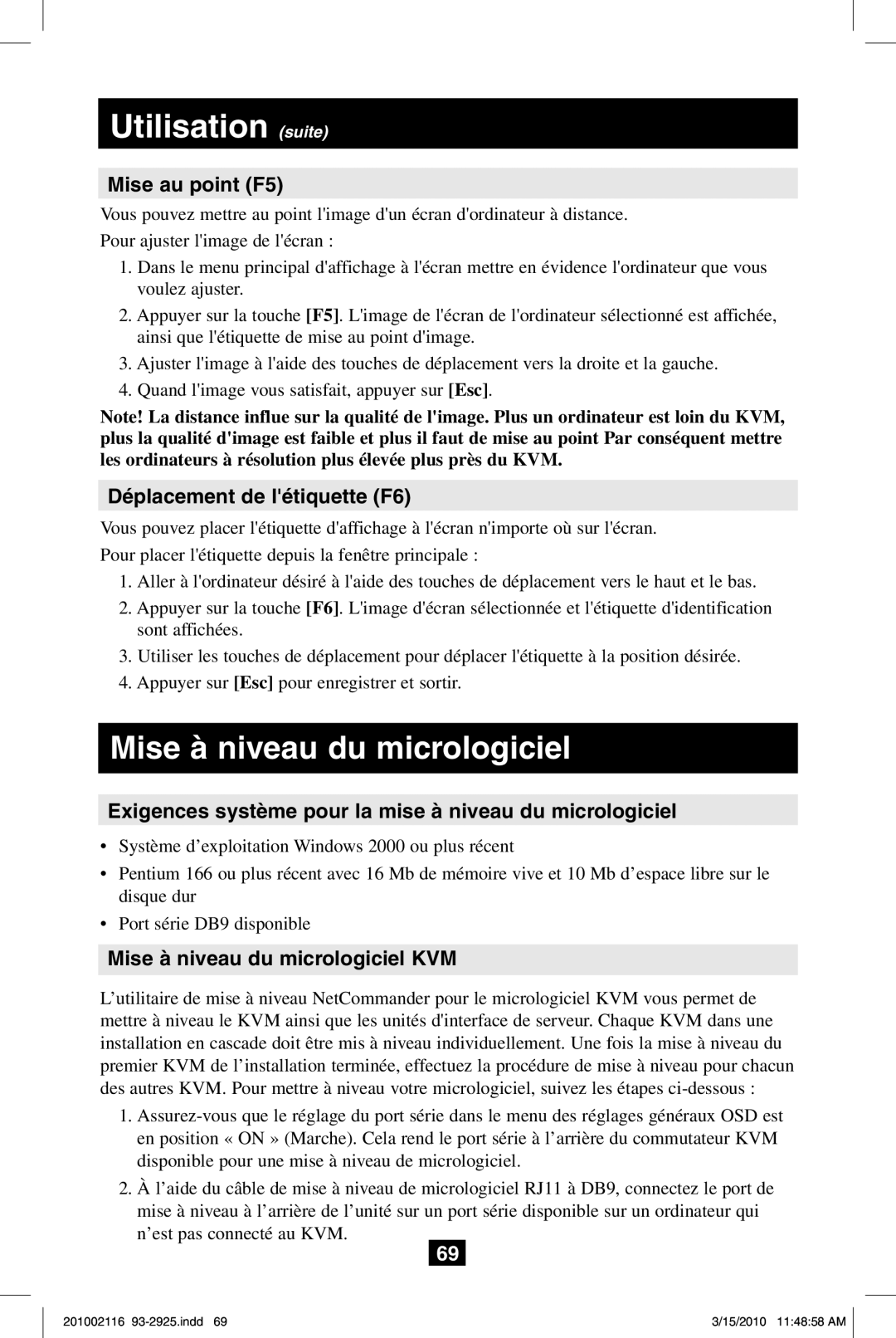 Tripp Lite B070-016-19, B070-008-19 Mise à niveau du micrologiciel, Mise au point F5, Déplacement de létiquette F6 