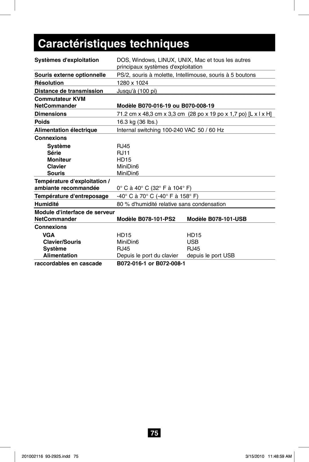 Tripp Lite B070-016-19, B070-008-19 owner manual Caractéristiques techniques 