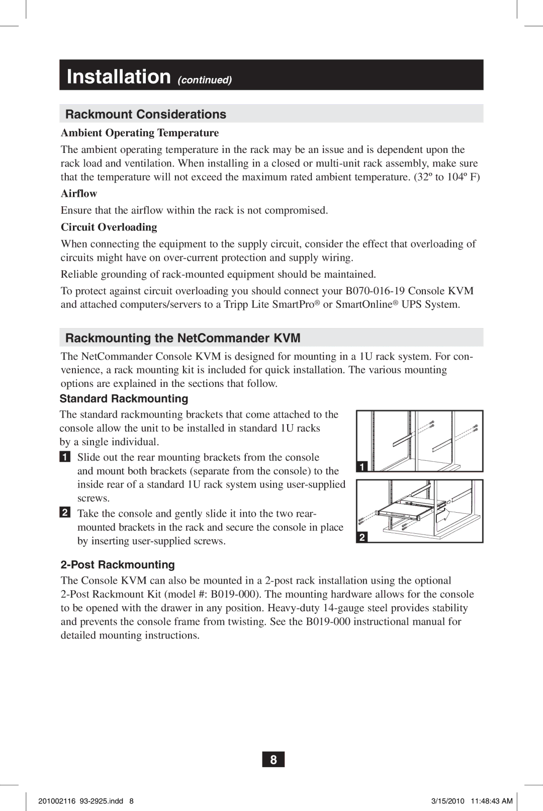 Tripp Lite B070-008-19 Rackmount Considerations, Rackmounting the NetCommander KVM, Ambient Operating Temperature, Airflow 