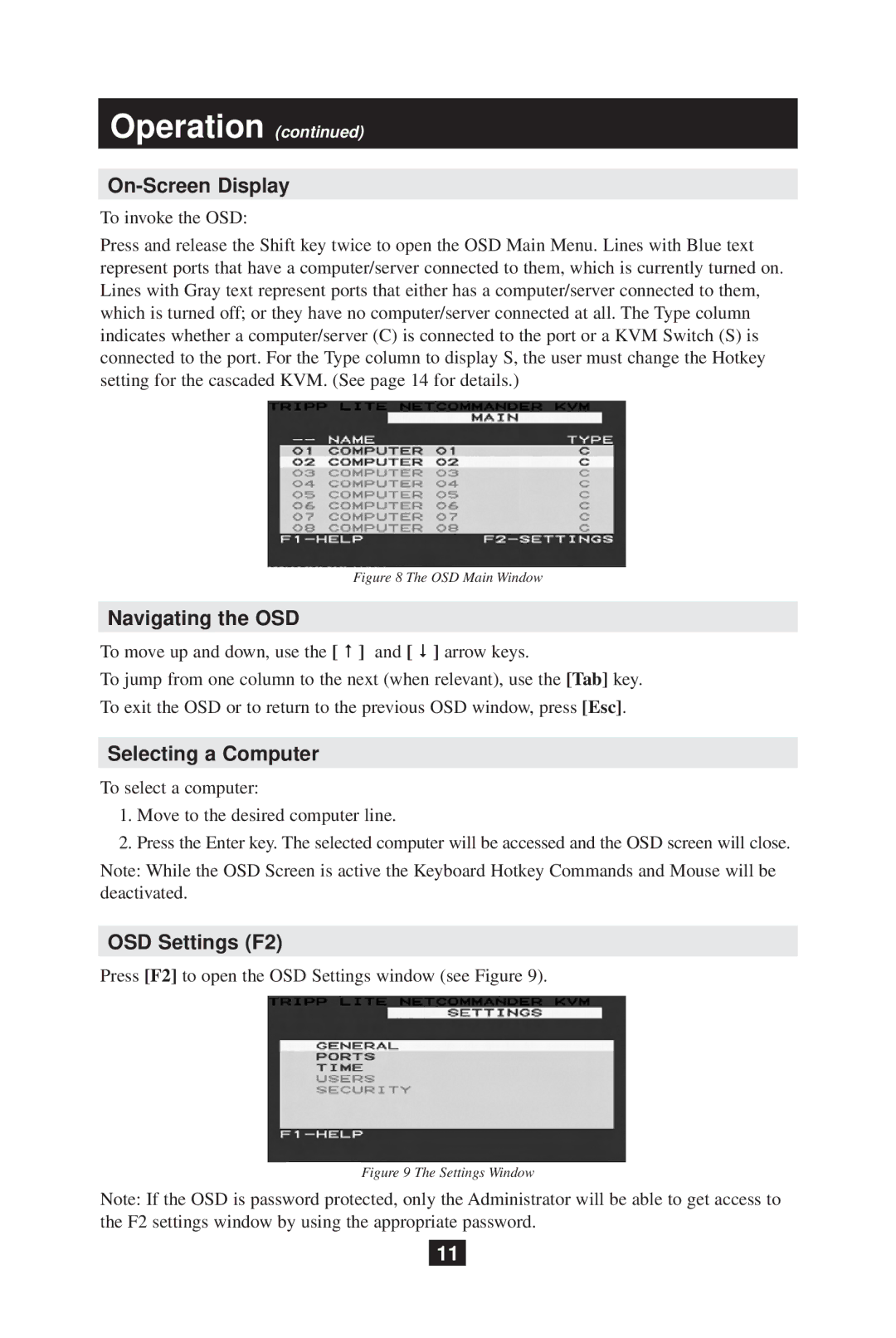 Tripp Lite B070-008-19 owner manual On-Screen Display, Navigating the OSD, Selecting a Computer, OSD Settings F2 