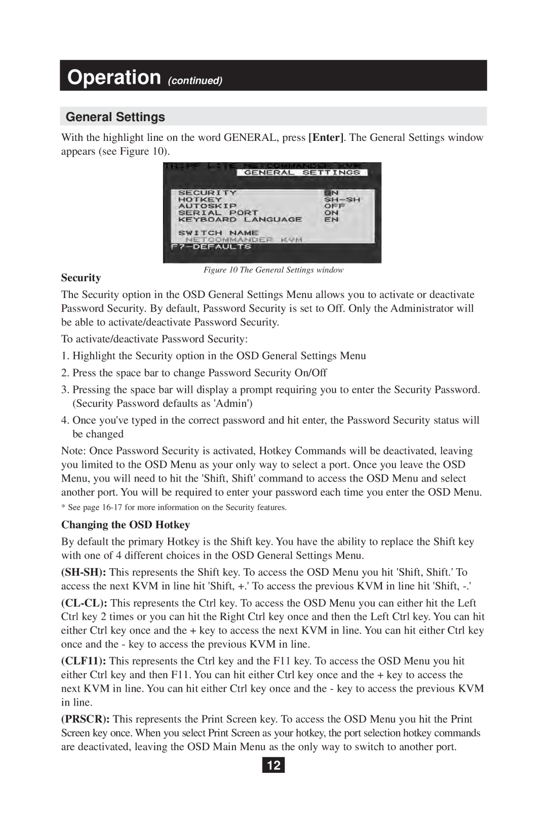 Tripp Lite B070-008-19 owner manual General Settings, Security, Changing the OSD Hotkey 