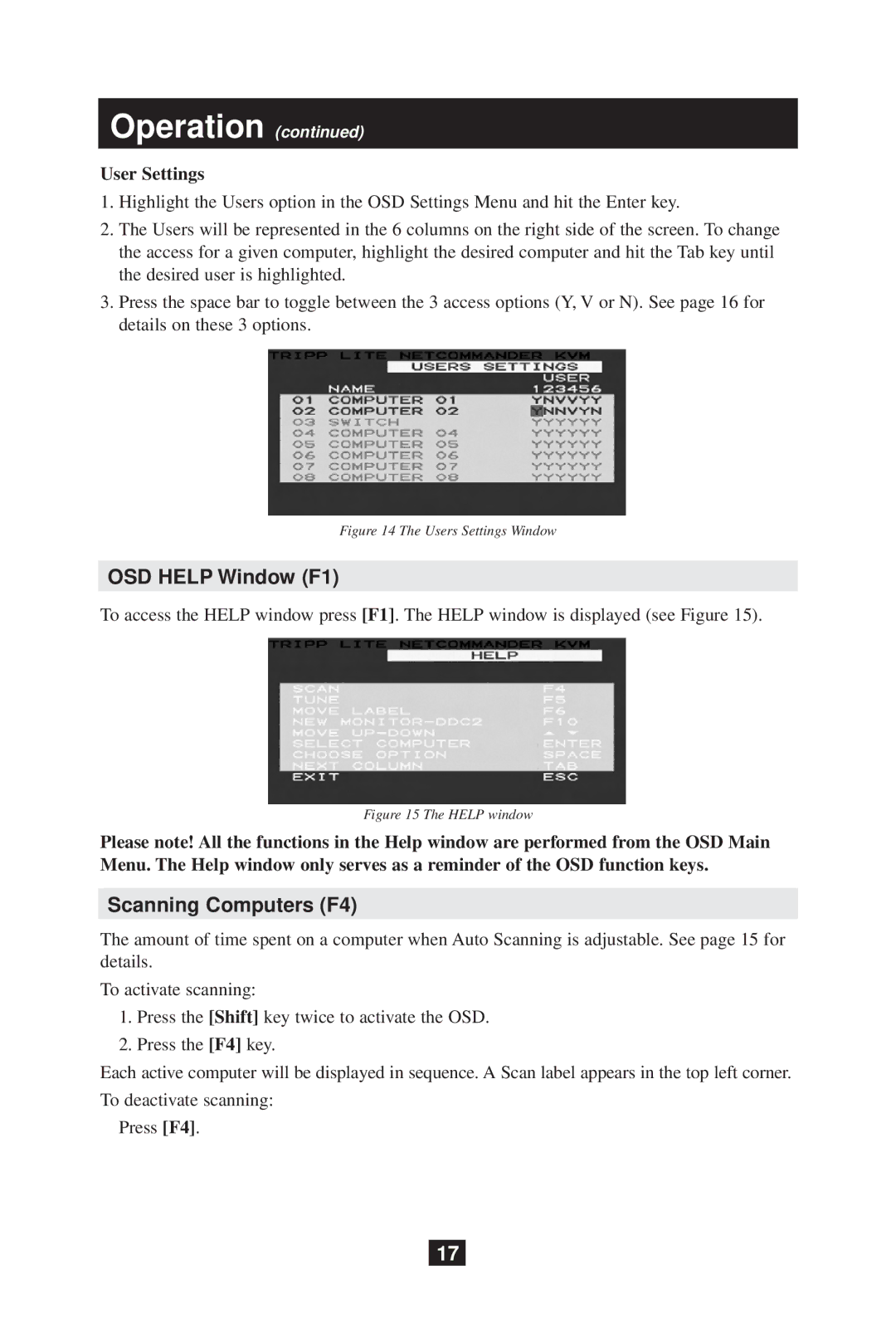 Tripp Lite B070-008-19 owner manual OSD Help Window F1, Scanning Computers F4, User Settings 