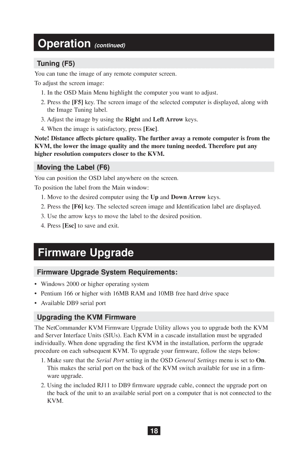 Tripp Lite B070-008-19 owner manual Tuning F5, Moving the Label F6, Firmware Upgrade System Requirements 