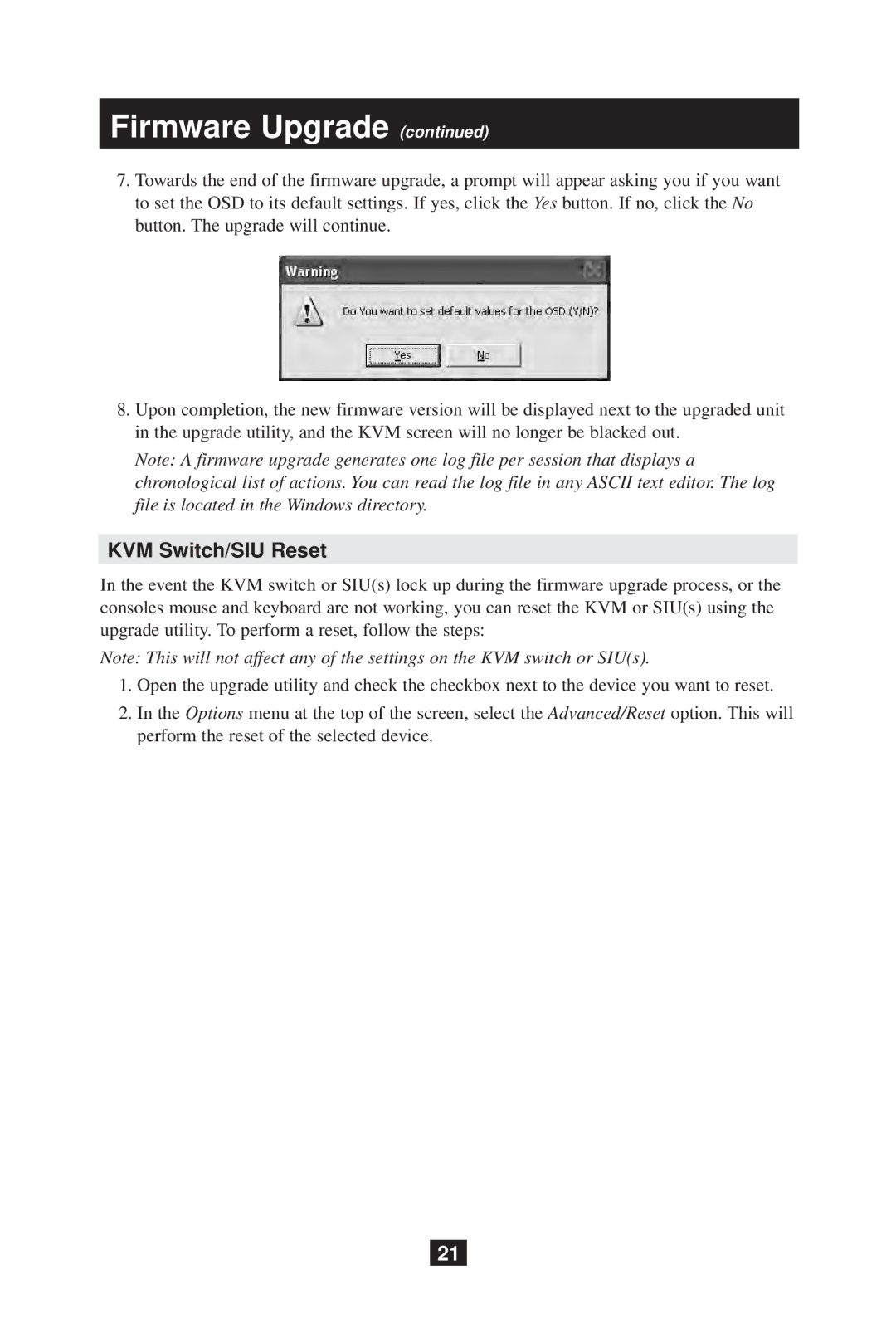 Tripp Lite B070-008-19 owner manual KVM Switch/SIU Reset 