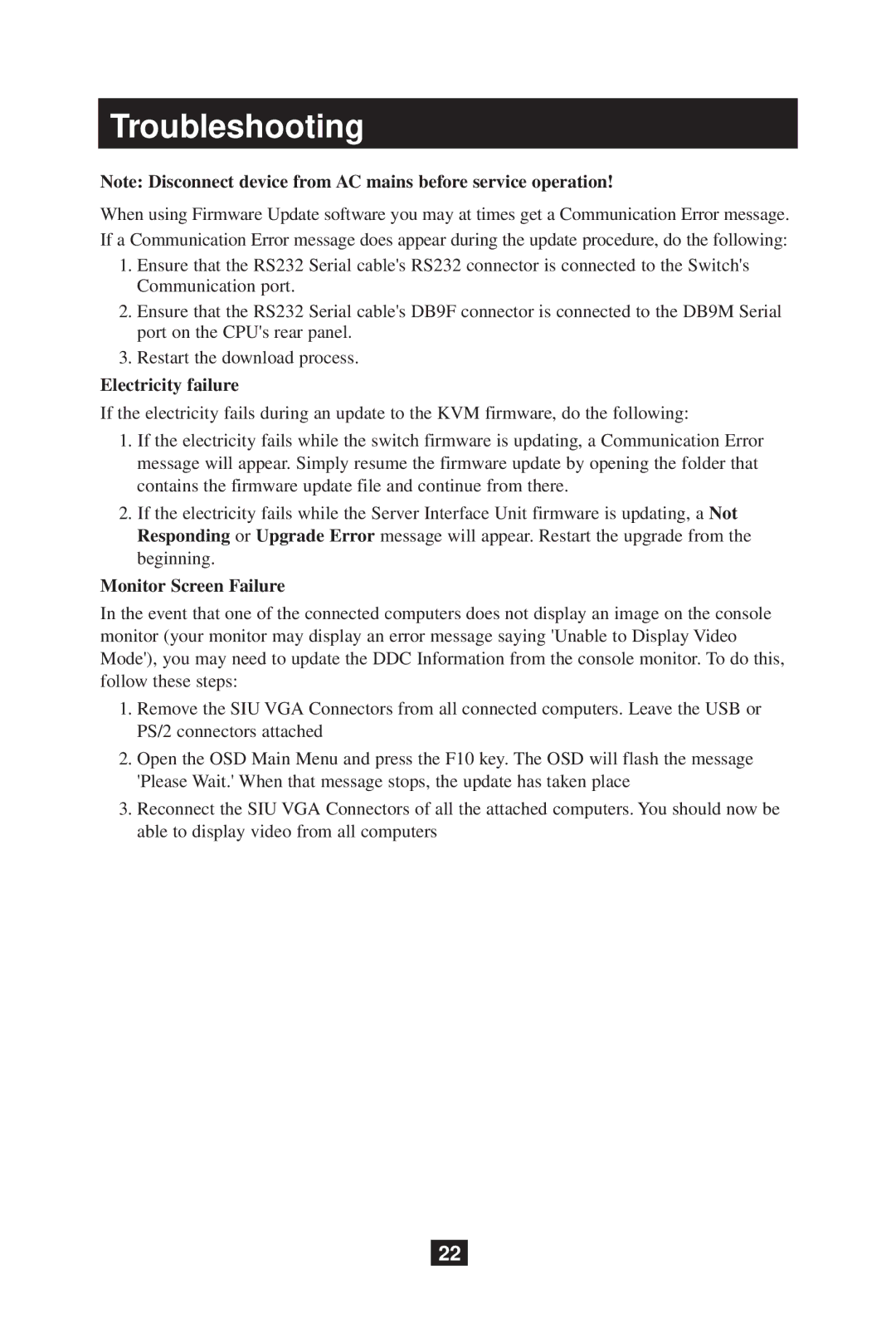 Tripp Lite B070-008-19 owner manual Troubleshooting, Electricity failure, Monitor Screen Failure 