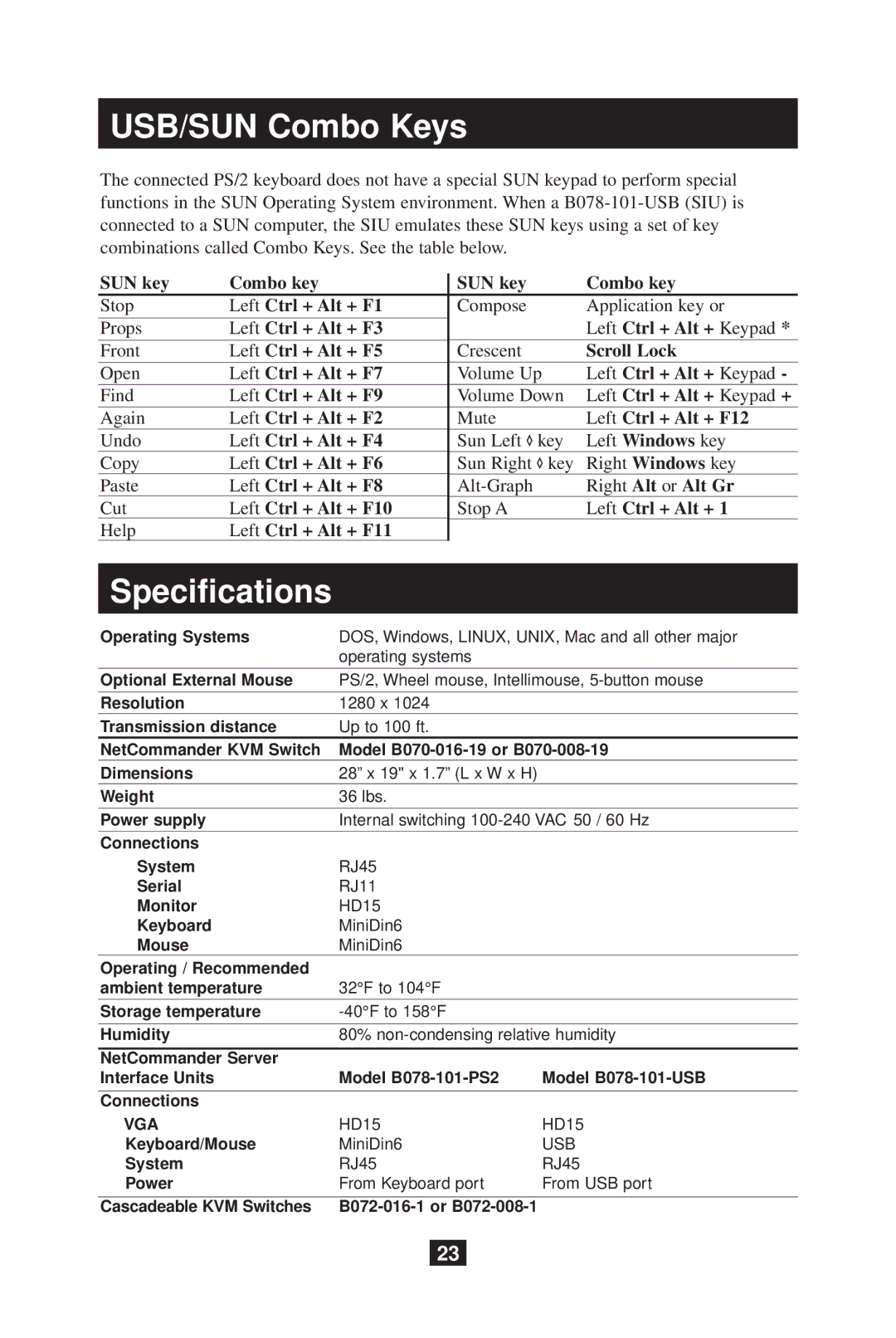 Tripp Lite B070-008-19 owner manual USB/SUN Combo Keys, Specifications 