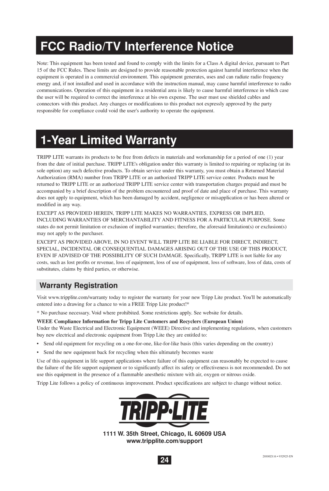 Tripp Lite B070-008-19 owner manual FCC Radio/TV Interference Notice Year Limited Warranty, Warranty Registration 