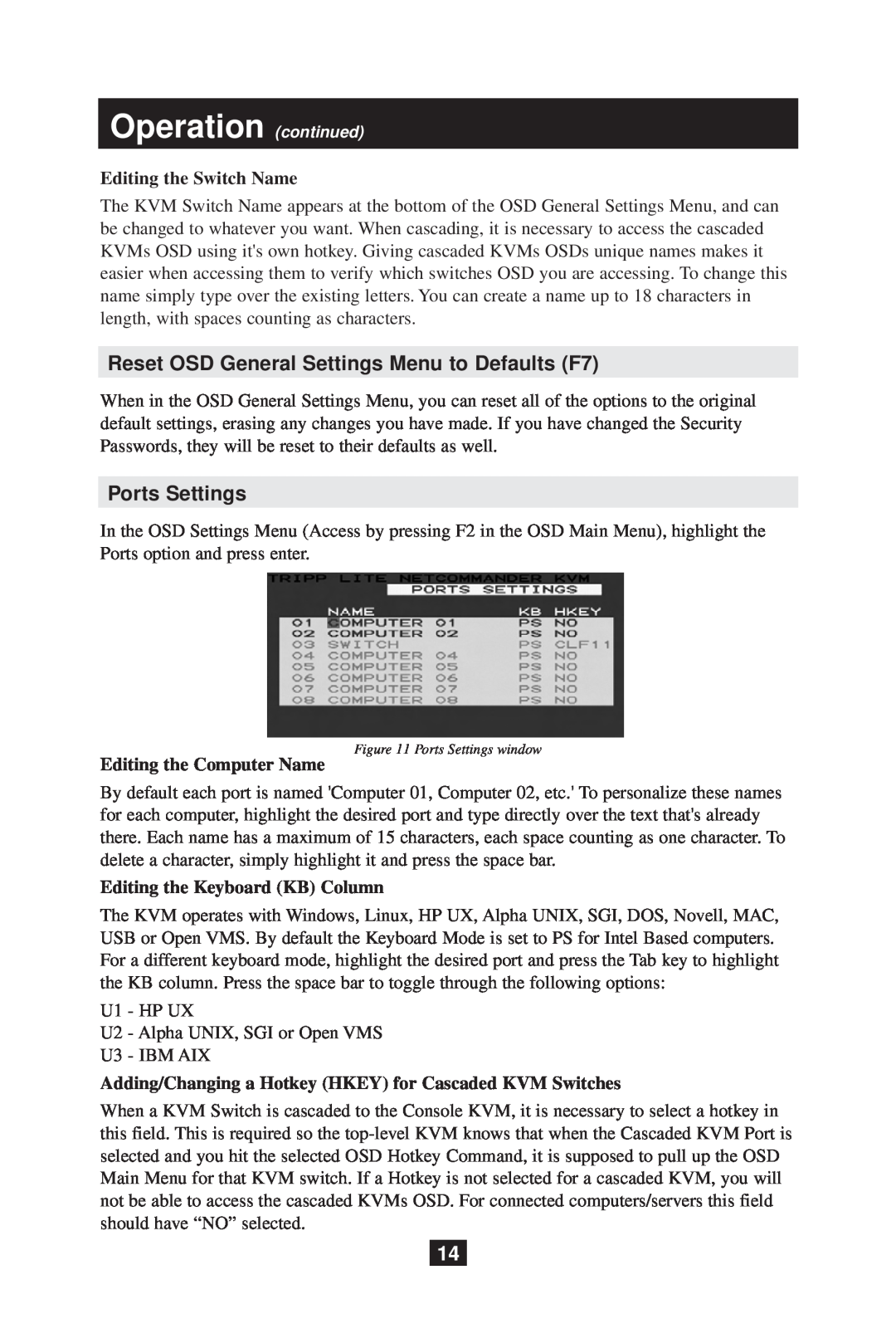 Tripp Lite B070-008-19 owner manual Reset OSD General Settings Menu to Defaults F7, Ports Settings, Editing the Switch Name 