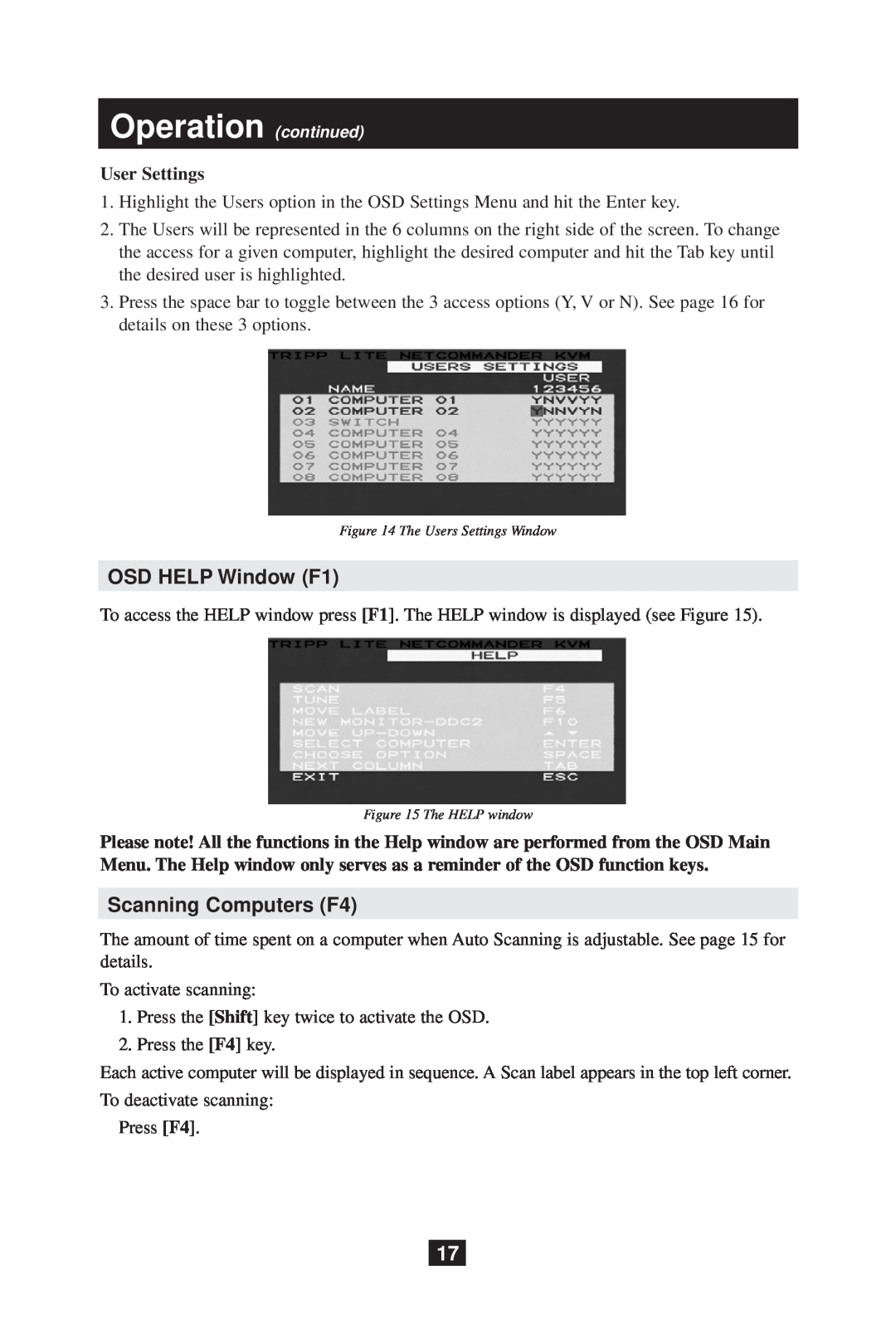 Tripp Lite B070-008-19 owner manual OSD HELP Window F1, Scanning Computers F4, User Settings 