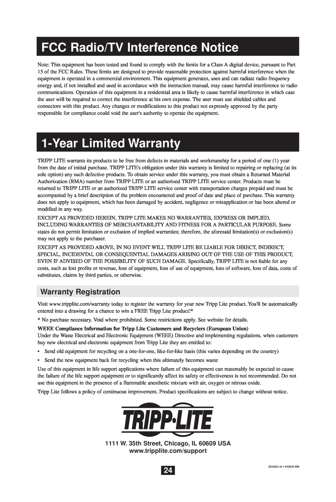 Tripp Lite B070-008-19 owner manual FCC Radio/TV Interference Notice, Year Limited Warranty, Warranty Registration 