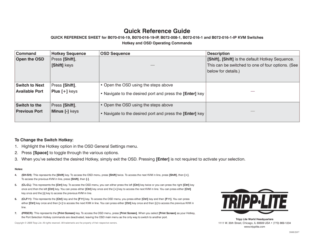 Tripp Lite B070-016-19-IP manual Quick Reference Guide 