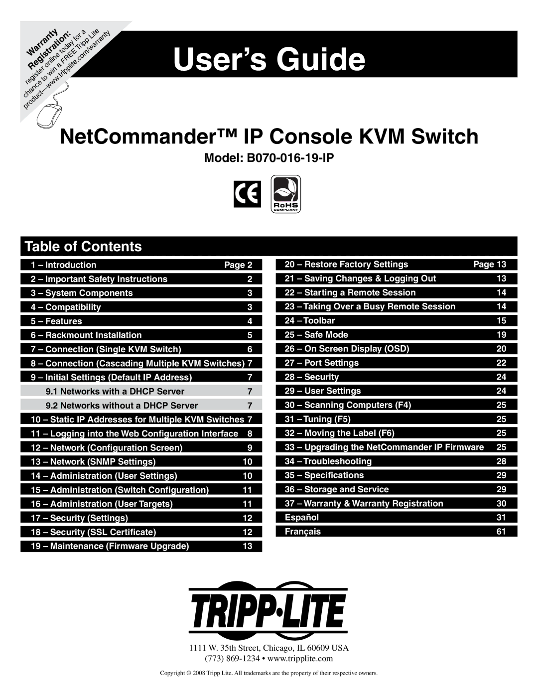 Tripp Lite B070-016-19-IP warranty User’s Guide, Table of Contents 