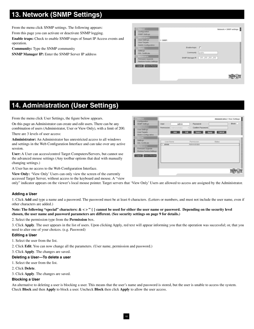 Tripp Lite B070-016-19-IP warranty Network Snmp Settings, Administration User Settings 